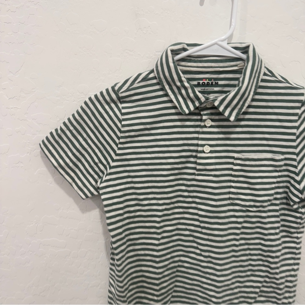 Mini Boden Striped Polo Shirt Boys 11-12 Years Green White Short Sleeve Spring - Picture 2 of 6